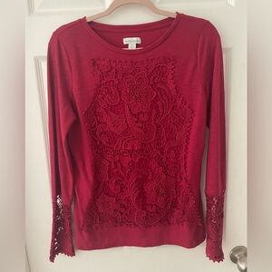 Sundance Red Crochet Lace Long Sleeve Top in Cranberry Rec